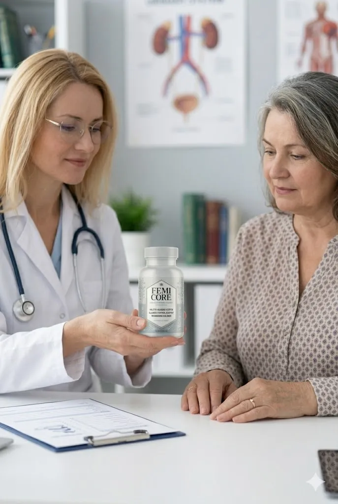 FemiCore bladder support supplement bottle shown by a female doctor to a senior patient during a clinic consultation. Professional medical recommendation for natural urinary wellness.