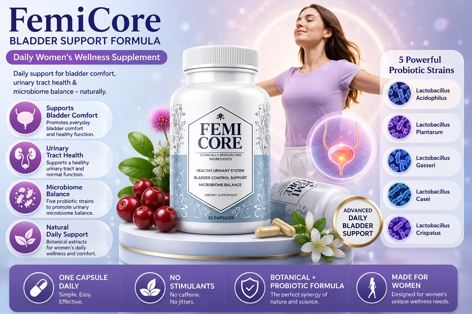 FemiCore bladder support formula 3D bottle display with infographic. Features 5 powerful probiotic strains, urinary tract health, microbiome balance, and natural daily support for women.