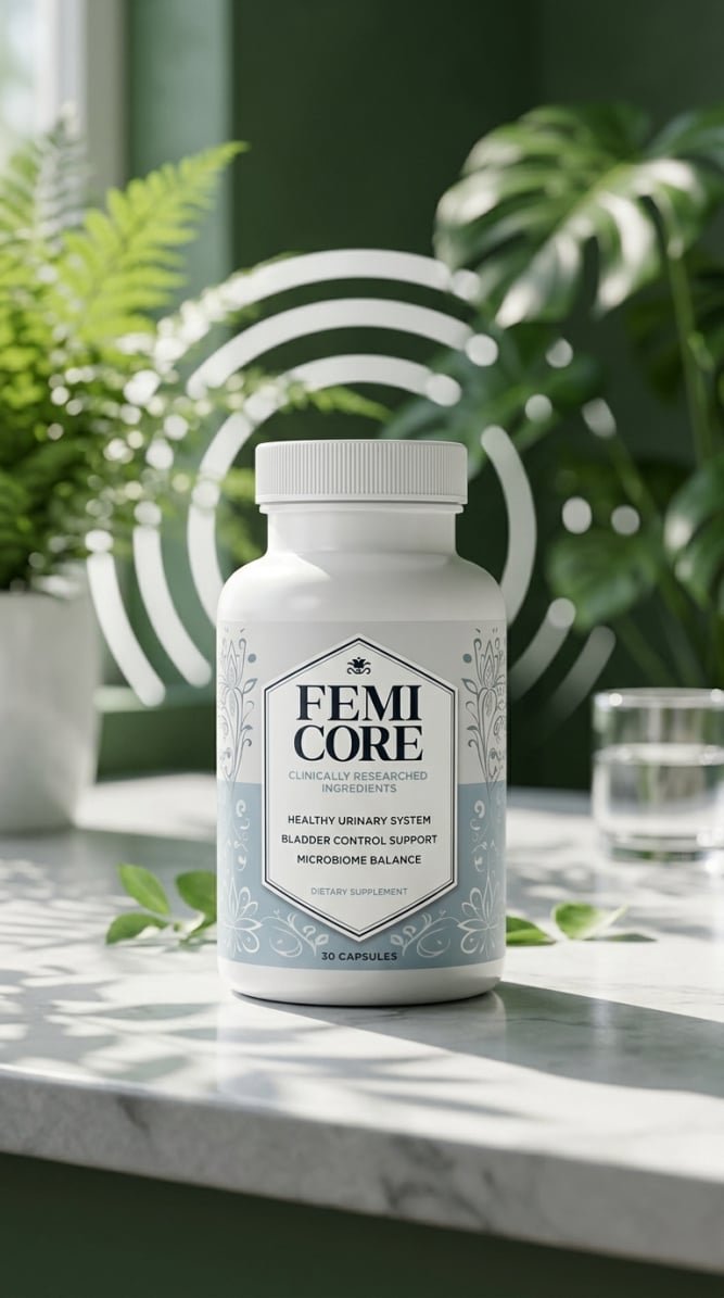 FemiCore bladder control support supplement bottle on a modern marble surface. Premium product display for natural urinary system health and microbiome balance.